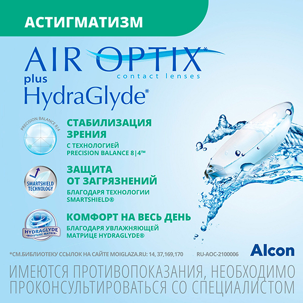 Линзы Air Optix Plus Hydraglyde for Astigmatism, 3 шт