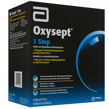 Oxysept 1step комби-пак 6 х 300 мл. + 180 таблеток + 25 таблеток ULTRAZYME + контейнер + 240 мл. раствора Lens Purite