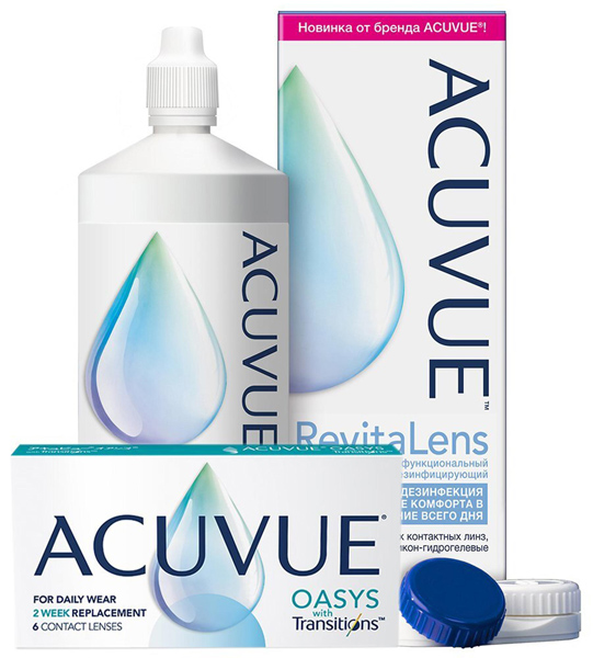 Комплект Аcuvue Oasys with Transitions 6 шт и раствор Acuvue Revitalens 300 мл